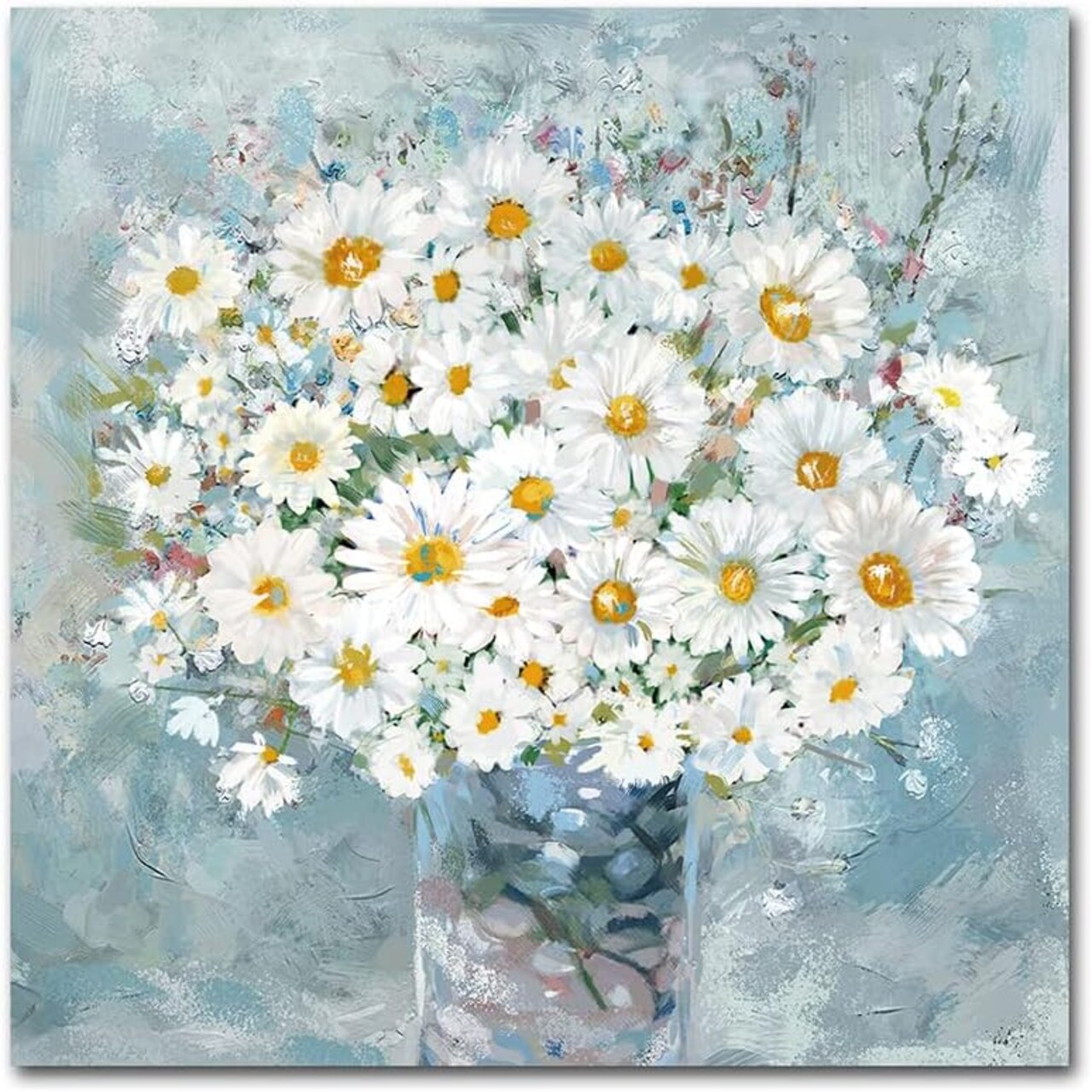 Flowers Bathroom Wall Decor Floral Canvas Wall Art White Daisy in Vase Light Blue Background Modern Gallery Prints Pictures Ready to Hang 12 x 12 Inch
